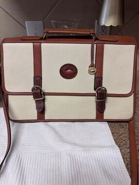 Dooney & Bourke Cream and Brown Leather-Trim Briefcase-1980-1990